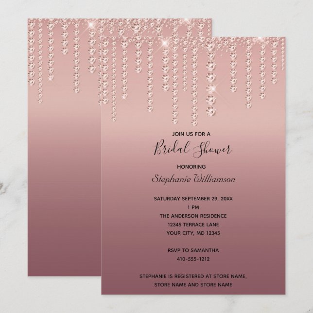 Rose Gold Diamanter Drippande Trendig Bröllopsfest Inbjudningar (Fram/baksida)