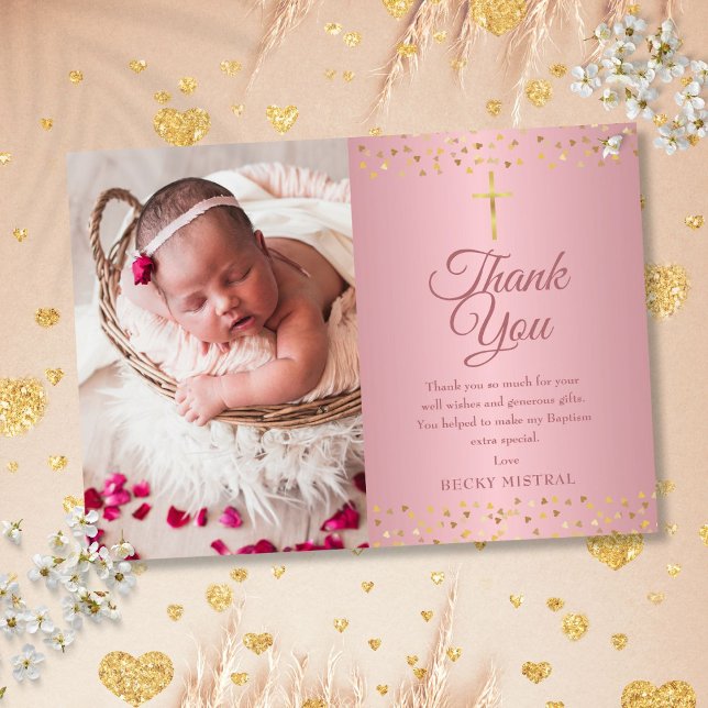 Rose Gold Dopning Dopningshjärtan Foto Tack Kort (Rose Gold Baptism Christening Hearts Photo Thank You Card)