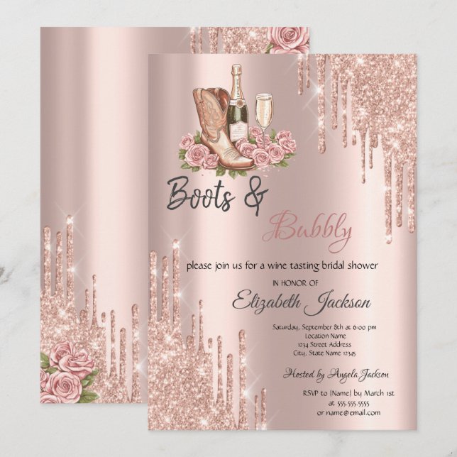 Rose Gold  Dråpar Vin Stövlar & Bubbly Bröllop  Inbjudningar (Fram/baksida)