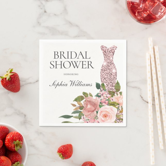 Rose Gold Dress & Blush Pink Flowers Bridal Shower Pappersservett (Insitu)