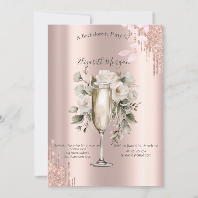 Rose Gold Drip Floral Vin Glas Bachelorette Inbjudningar (Framsida)