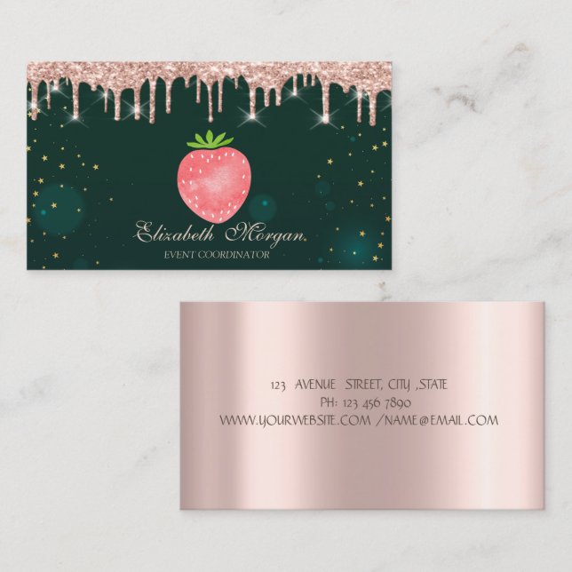 Rose Gold Drip Jordgubbs Grön Namnkort (Fram/baksida)