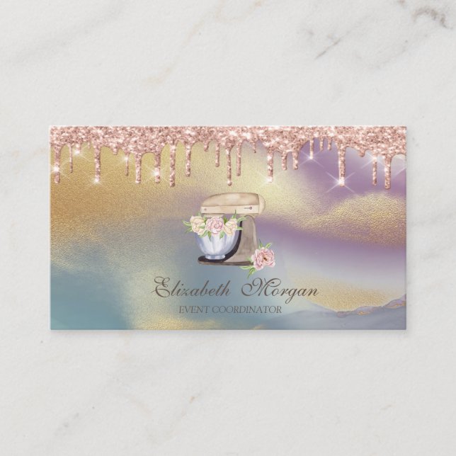 Rose Gold Drip Retro Mixer Blommor Holografisk Visitkort (Framsida)