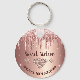 Rose Gold Drippande Glitter & Diamond Sweet 16 Nyckelring