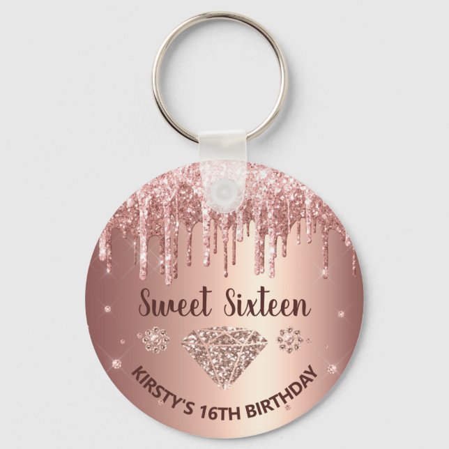 Rose Gold Drippande Glitter & Diamond Sweet 16  Nyckelring (Framsida)