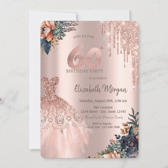 Rose Gold Drips Klänning Moody Blommor 60-årsdag Inbjudningar (Framsida)