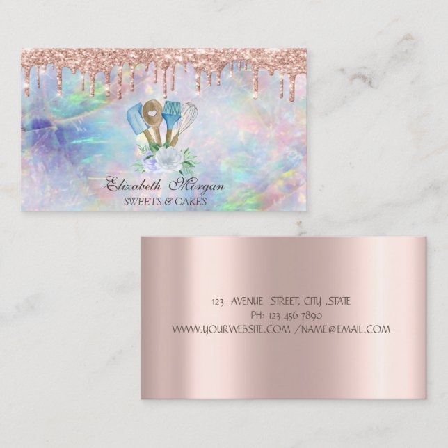 Rose Gold Drips Opal Bakery Handverktyg Visitkort (Fram/baksida)