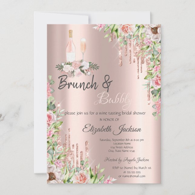 Rose Gold  Drips Roses Brunch & Bubbly Inbjudningar (Framsida)
