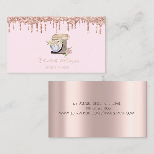 Rose Gold-droppande bakmixerblommor Visitkort (Fram/baksida)