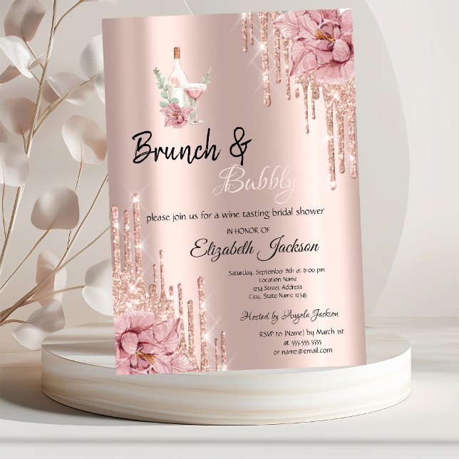 Rose Gold  Droppande Blommor Vin Brunch & Bubbly Inbjudningar (Skapare uppladdad)