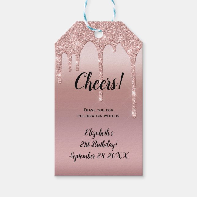 Rose Gold Droppande Glitter 21-årsfirande Presentetikett (Framsidan)