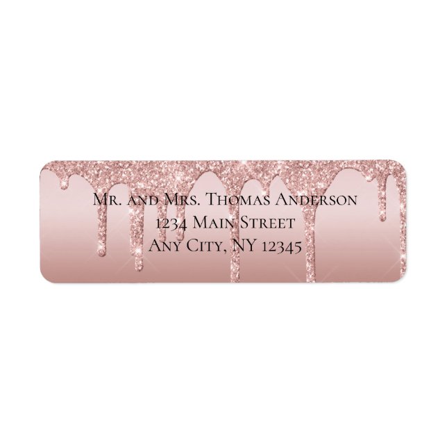 Rose Gold Droppande Glitter Bröllops Returadress Etikett (Framsidan)