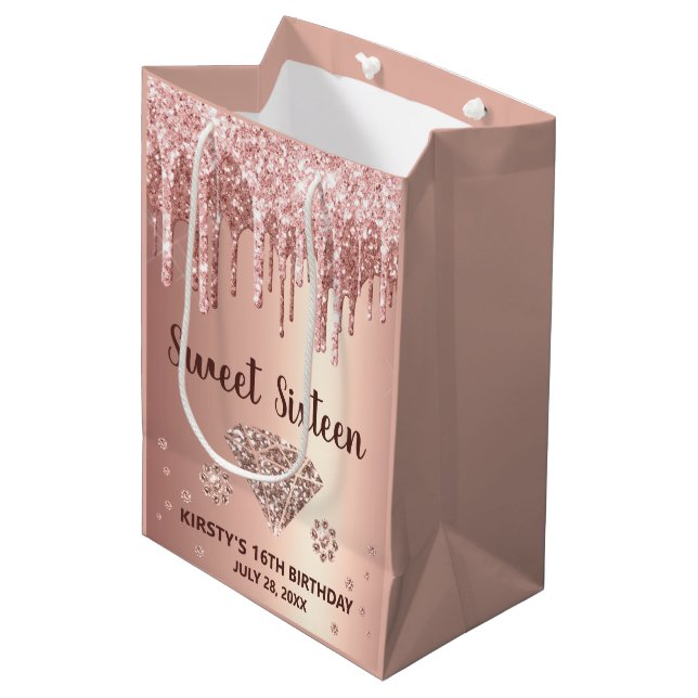Rose Gold Droppande Glitter & Diamant Sweet 16 (Framsidan Vinklad)