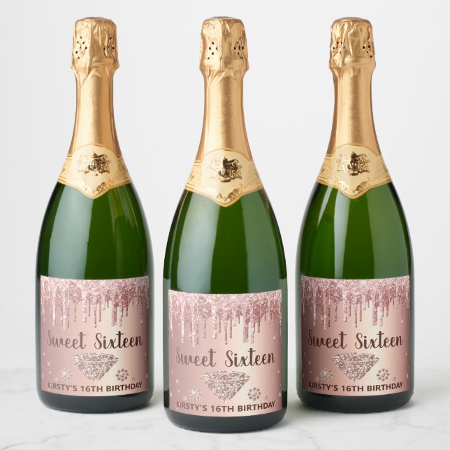 Rose Gold Droppande Glitter & Diamant Sweet 16 (Flaskor)