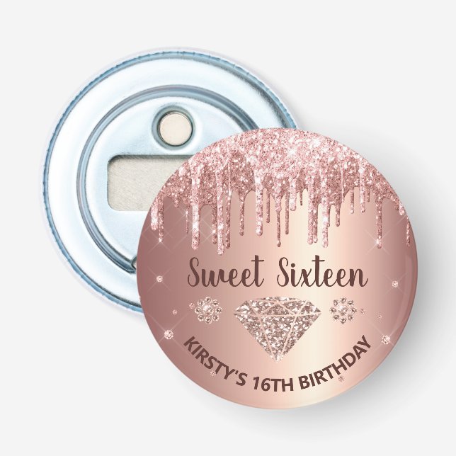 Rose Gold Droppande Glitter & Diamant Sweet 16   Flasköppnare (Framsidan)