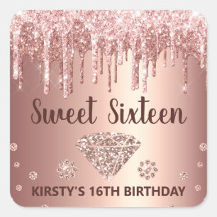 Rose Gold Droppande Glitter & Diamant Sweet 16 Fyrkantigt Klistermärke