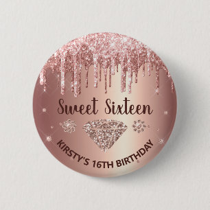 Rose Gold Droppande Glitter & Diamant Sweet 16 Knapp