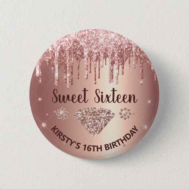 Rose Gold Droppande Glitter & Diamant Sweet 16 Knapp (Framsida)
