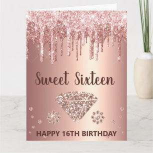 Rose Gold Droppande Glitter & Diamant Sweet 16 Kort