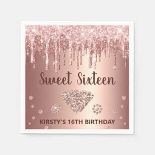 Rose Gold Droppande Glitter & Diamant Sweet 16 Pappersservett