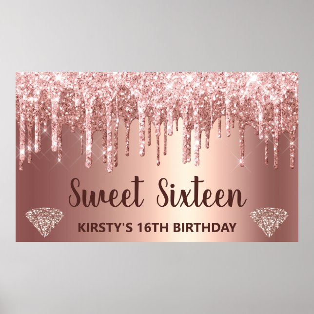 Rose Gold Droppande Glitter & Diamant Sweet 16  Poster (Framsidan)