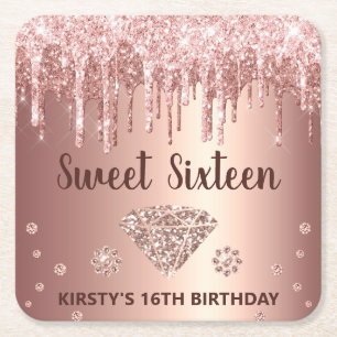 Rose Gold Droppande Glitter & Diamant Sweet 16 Underlägg Papper Kvadrat