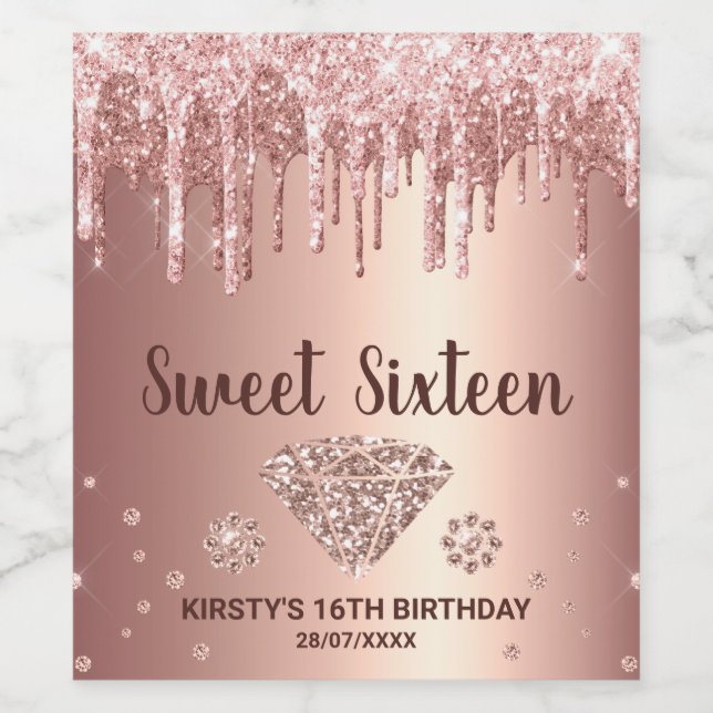 Rose Gold Droppande Glitter & Diamant Sweet 16 Vinflaska Etikett (Singel etikett)