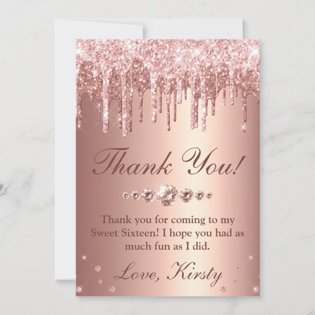 Rose Gold Droppande Glitter & Diamanter Sweet 16 Tack Kort (Framsida)