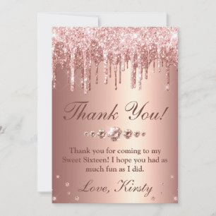 Rose Gold Droppande Glitter & Diamanter Sweet 16 Tack Kort