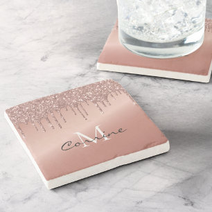 Rose Gold Droppande Glitter Monogram Namn Metallis Stenunderlägg