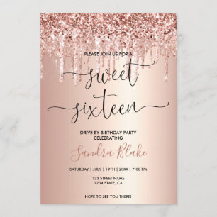 Rose Gold Drupar Modern Drive By Sweet 16 Inbjudningar