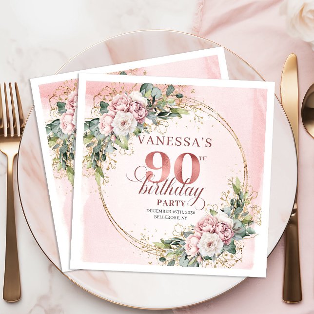 Rose Gold Dusty Pink Boho Floral 90th Birthday  Pappersservett (Rose Gold Dusty Pink Boho Floral 90th Birthday Napkins)