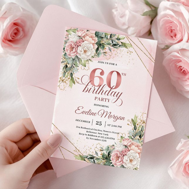 Rose Gold Dusty Pink Floral 60th Birthday Invite Inbjudningar (Rose gold floral 60th birthday,
editable custom digital printable,
budget birthday invitation invite)