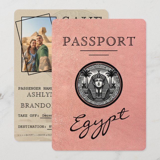 Rose Gold Egypt Passport Bröllop Save the Date Spara Datumet (Fram/baksida)