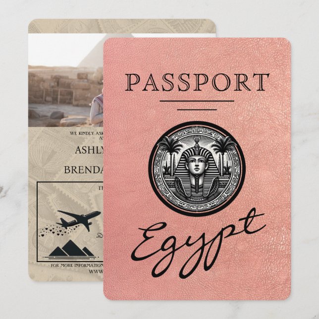 Rose Gold Egyptiskt Pass Bröllopsinbjudan Inbjudningar (Fram/baksida)