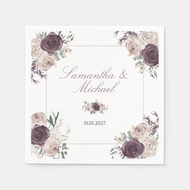 Rose Gold Elegant Blommig Namn Bröllopspar Pappersservett (Framsidan)