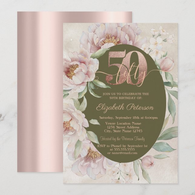 Rose Gold Eleganta Blommor 50-årsdag  Inbjudningar (Fram/baksida)