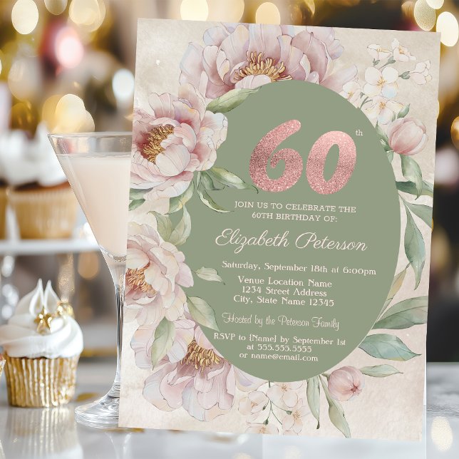 Rose Gold Eleganta Blommor Grön 70-årsdag  Inbjudningar (Skapare uppladdad)