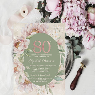 Rose Gold Eleganta Blommor Grön 80-årsdag Inbjudningar