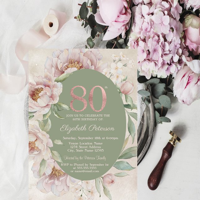 Rose Gold Eleganta Blommor Grön 80-årsdag  Inbjudningar (Skapare uppladdad)