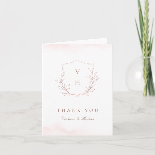 Rose gold enkel botanisk vapensköldsmonogram bröll tack kort (Framsida)