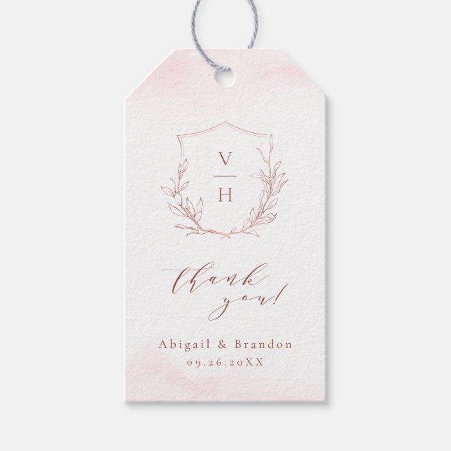 Rose gold enkel botanisk vapensköldsmonogram förlo presentetikett (Framsidan)