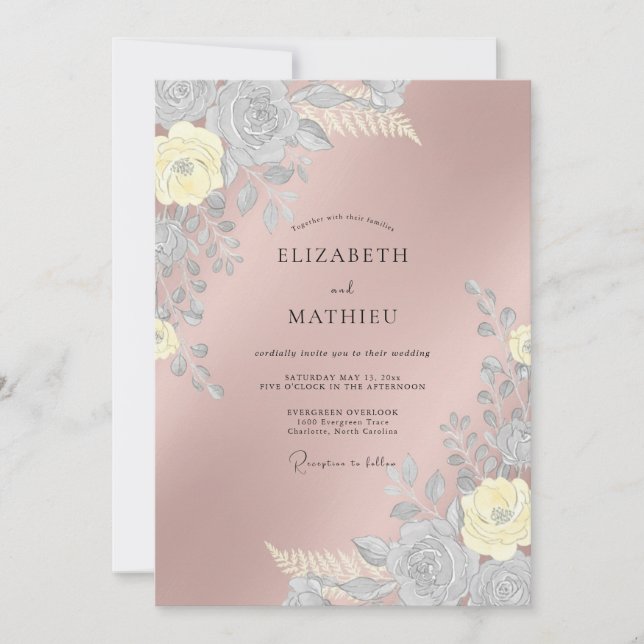 Rose Gold Etterliknande Blommig Bröllop Inbjudningar (Framsida)