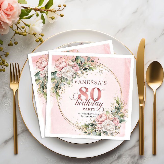 Rose Gold Eukalyptus Blommig 80-årsfirande  Pappersservett (Rose Gold Eucalyptus Floral 80th Birthday Party Napkins)