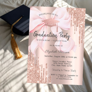 Rose Gold Examen Hatt Glitter Drips Bow Examen Inbjudningar