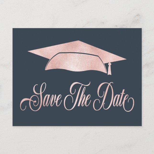 Rose Gold Examenstårtor Save The Date Blå Meddelande Vykort (Framsida)