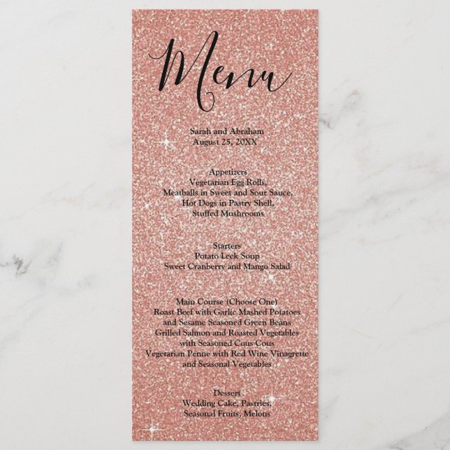 Rose Gold Fals Glitter Bröllopsmeny Menyer (Framsida)