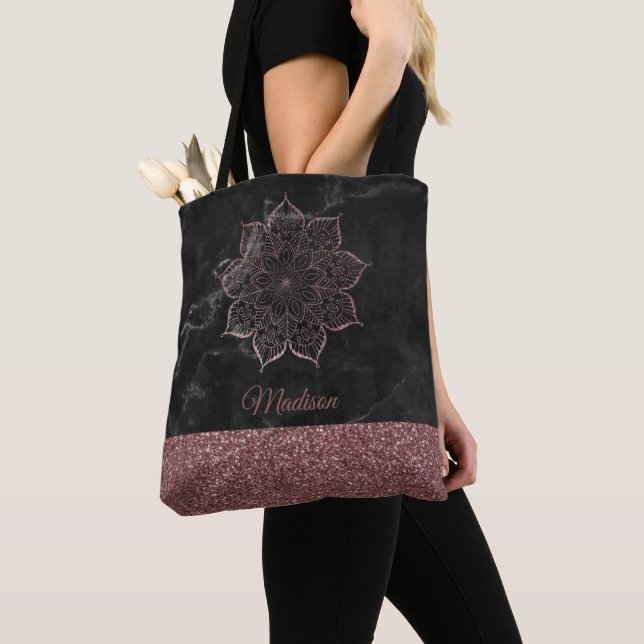 Rose Gold Fals Glitter Mandala på Svart Marmor Tygkasse (Närbild)