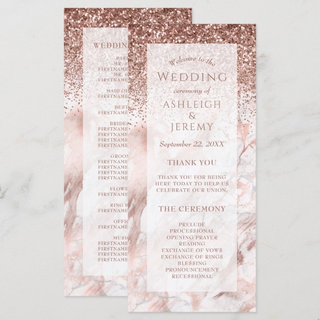 Rose Gold Fals Glitter Marmor Bröllopsprogram (Fram/baksida)