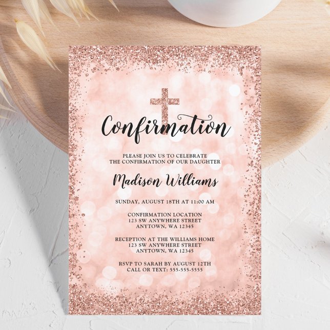 Rose Gold Falska Glitterljus Konfirmation Inbjudningar (Skapare uppladdad)
